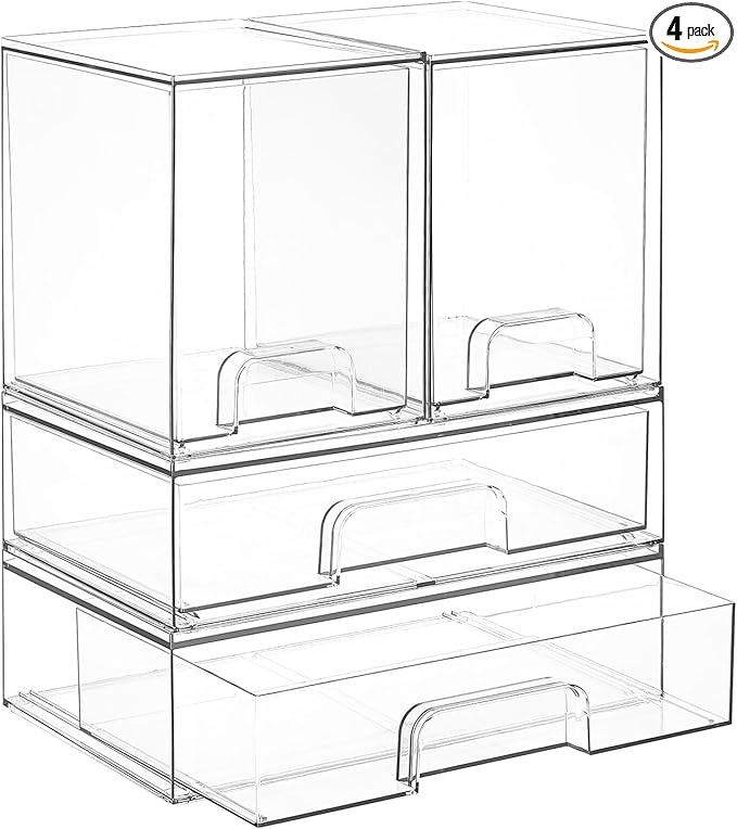Vtopmart Clear Stackable Storage Drawers Set of 4, Plastic Organizer Bins for Makeup, Cosmetics, Beauty Supplies,Ideal for Vanity, Bathroom,Cabinet,Pantry Organization by Vtopmart