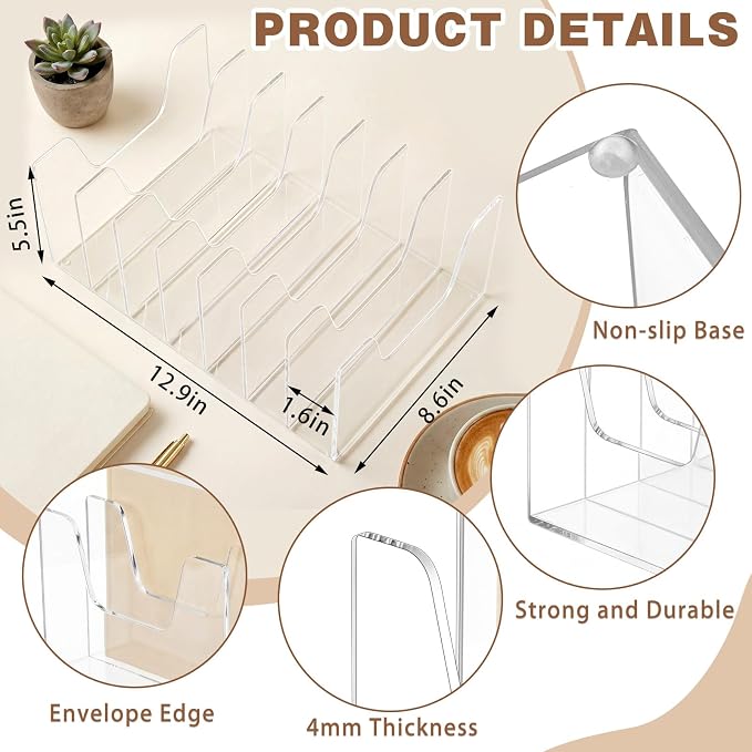 7 Section Clear Acrylic Desktop File Organizer Vertical File Sorter 4mm Thick, Large Capacity Upright Magazine Organizer, Book Paper, Notebooks, Envelopes, Mail Holder - Image 2