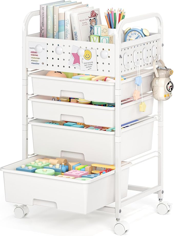 SYKIARIOL 4 Drawer Rolling Storage Cart with Pegboard Top and Hooks, White | Mobile Organizer Cart with Wheels for Office Supplies, Craft Storage, Classroom Organization, Home Utility Cart by SYKIARIOL