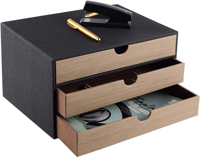 PU Leather Desk Organizer with 3 Drawers,Executive Office Supplies Desktop Filing A4 File Cabinet/Holder for Jewelry/Bill/Paper/Documents/Makeup Home Decor Stationery Storage Box,Black by XNONE