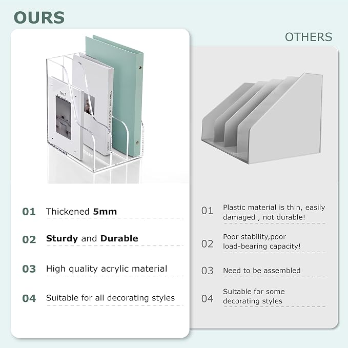 SANRUI Clear Vertical Magazine File Holder, Acrylic Desk Organizer and Storage Bins Holding for Magazines Binders, Notebooks, Envelopes A4 Folder Binder Holders Sorter, 3 Compartments - Image 5