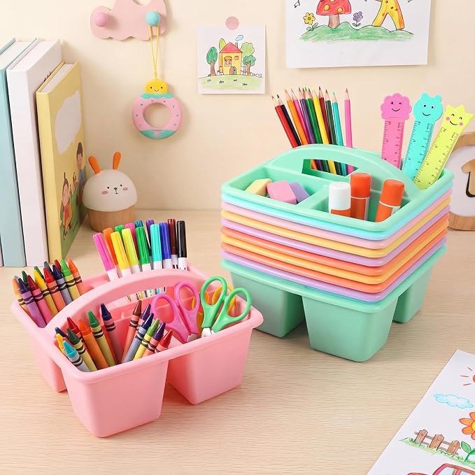 Lineshading 12 Pack Plastic Classroom Caddy - 4 Compartment Organizer Boho Color Table Caddy with Handles for School Home Office Supplies (Yellow,Green,Blue,Pink,Red,Orange) - Image 4