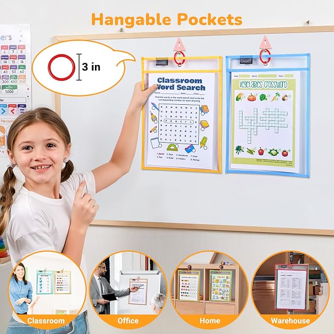 GAMENOTE 30 Pack Pastel Dry Erase Pockets, 10x14 Reusable Sleeves | 30 reusable PVC pockets hold 8.5 x 11 and 9 x 12 sheets; double sided wipe clean surfaces, pen loops, eyelets, and 5 rings - Image 4