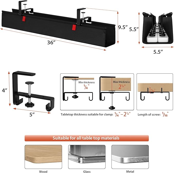 Univivi No Drill Under Desk Cable Management Tray, 36 inch Cable Management | Clamp/Screw Mount Desk Cable Management, Premium Fabric Cable Management Tray, Large Capacity Cord Organizer for Office, Home - Image 4