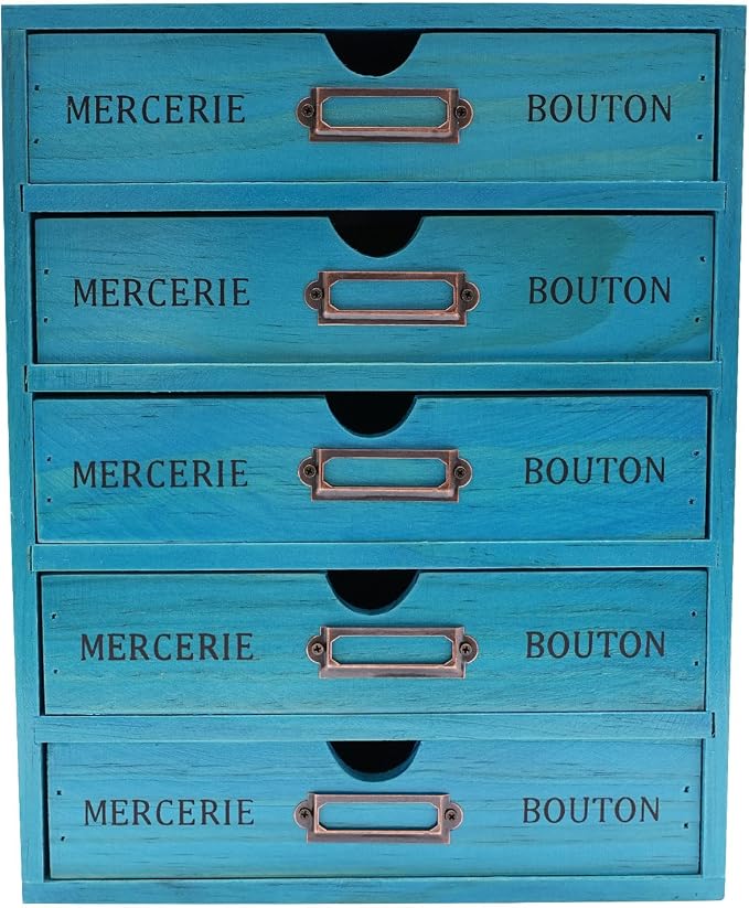 5 Drawer Wooden Desk Organizer, Wooden Storage Box Desktop Storage, Countertop Drawers Library Card Catalog Cabinet Apothecary Cabinet, Vintage Wood Home Office Desk Organizer (Blue) by Bazargame