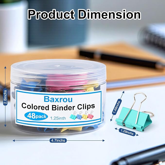 Colored Binder Clips,Medium Binder Clip 1.25 Inch (48 Pack) with Container,Color Binder Clips Medium Size, Big Paper Clips Clamps, Clips for Paperwork, for Office and Home Supplies School