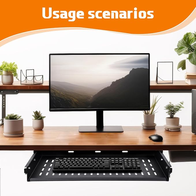 Sliding Under Desk Laptop Mount Shelf with Air Vents 16.3" W x 12" D Metal Under Desk Slide Out Tray Laptop Storage Tray for Home Office Standing Desks Workstations Cabinet Gaming - Image 4
