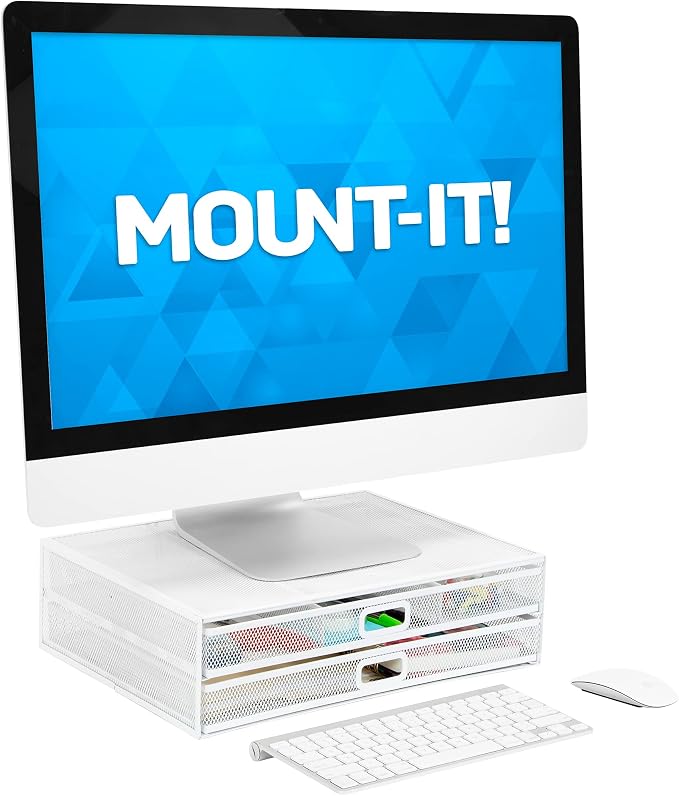 Mount-It! Mesh Computer Monitor Stand Riser [Metal] Desk Organizer with Two Pullout Storage Drawers for Desktop, Laptop, and Printer Accessories and Office Supplies (White) - Image 8