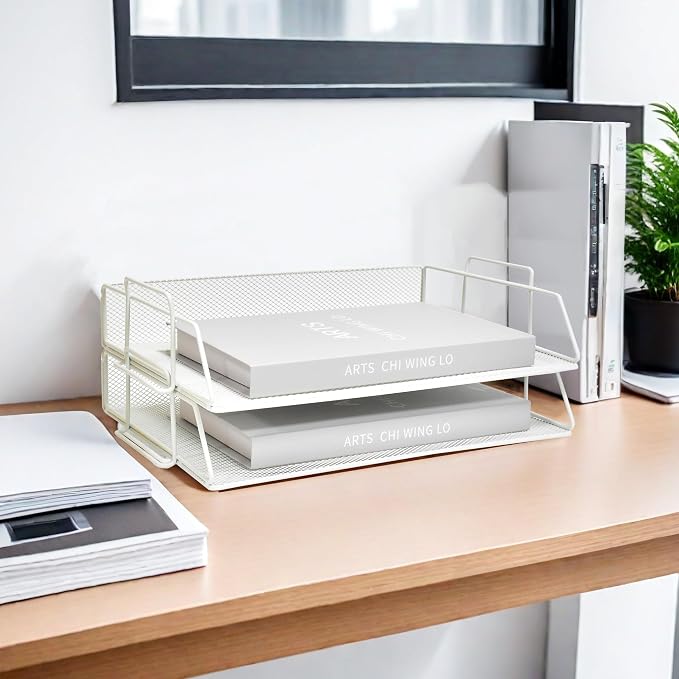YFS A4 Mesh Letter File Folder Holder, Paper Organizer Letter Tray with Handle, 2 Tier Stackable Letter Tray, Document Organizer, Office Decor (A4,Horizontal,White, 2 Tier) by wen-liz-US