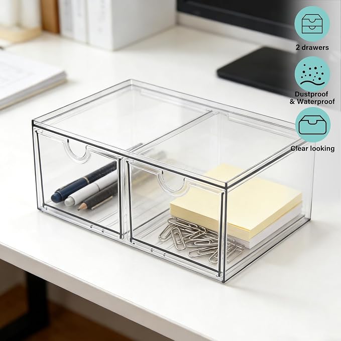 Prsildan Stackable Clear Makeup Organizer Acrylic Storage Drawers with 2 Drawers for Vanity Bathroom Office Desk Modular Drawer System for Cosmetics Jewelry Toiletries Home Organization - Image 7