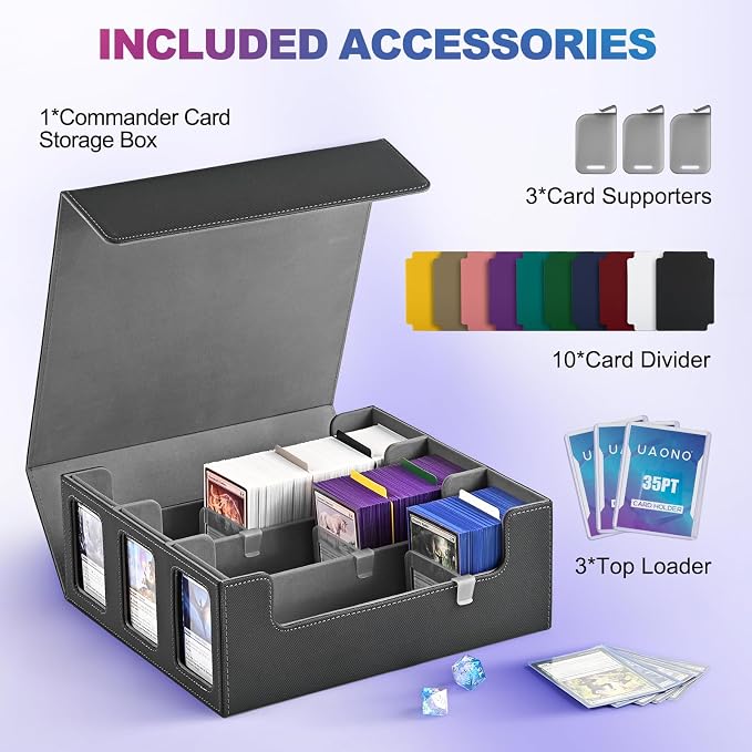 UAONO 3-Row Trading Card Storage Box with Commander Display, Black Grey | 1800+ Commander Deck Box for MTG, Bulk Card Case Fits Magic TCG PTCG Sports Cards, 10 Dividers & 3 Stoppers - Image 3