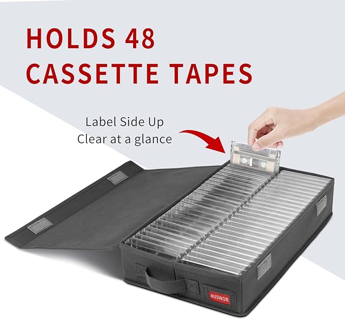 NUSWOR Minimalist Storage Box (Cassette Tape), Stackable with Lid - Holds 96 Cassettes, 16.34x9.25x3.4 Inches - Grey, 2 Count - Image 3
