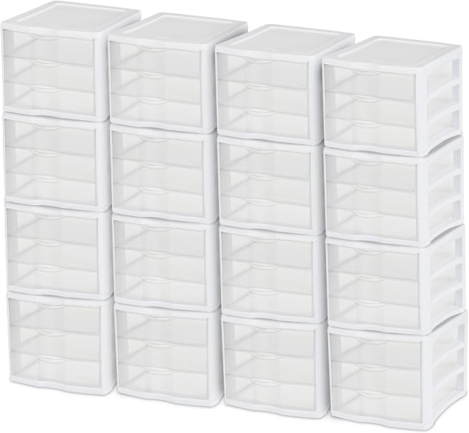 Sterilite ClearView Compact Stacking 3 Drawer Storage Organizer System for Crafting Supplies, Home Office, or Dorm Room, (16 Pack) by Sterilite