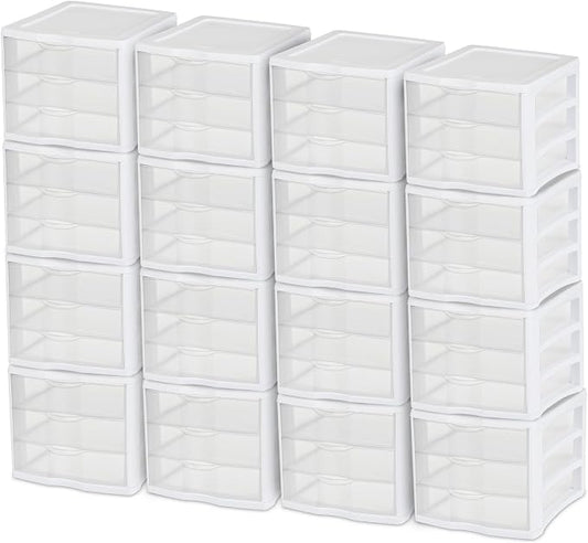 Sterilite ClearView Compact Stacking 3 Drawer Storage Organizer System for Crafting Supplies, Home Office, or Dorm Room, (16 Pack) by Sterilite
