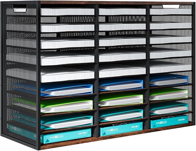 PAG Mass Mail Sorter - Adjustable Mail Holder, Countertop Literature Organizer, Student Mailbox for Classroom, Desktop Bill Paper Organizer for Office & Home, 27 Compartments, Brown by PAG-Mass