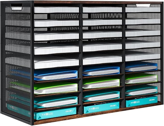 PAG Mass Mail Sorter - Adjustable Mail Holder, Countertop Literature Organizer, Student Mailbox for Classroom, Desktop Bill Paper Organizer for Office & Home, 27 Compartments, Brown by PAG-Mass
