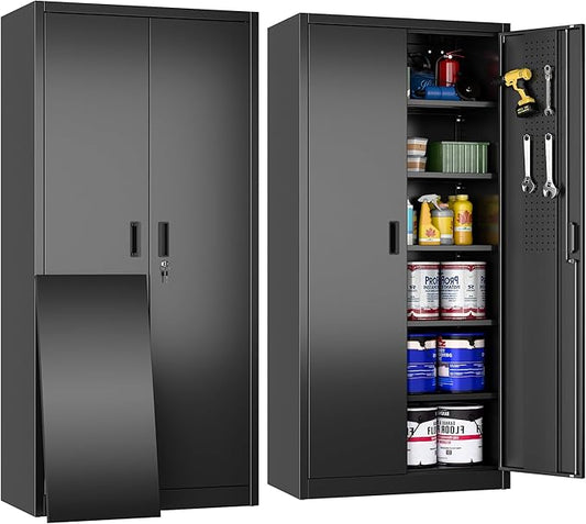 Lockable Garage Storage Cabinet with 5 Adjustable Shelves, 71" H Black Metal Storage Cabinet with 2 Pegboard Doos for Garage, Home, Assembly Required, Black