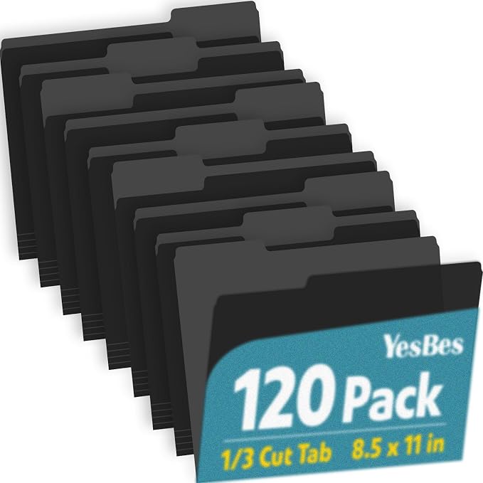120 Pack File Folders 8.5 x 11 Inch, 1/3 Cut Tab Black File Folders Letter Size, School Business Office Filing Folder for Document, Black by YesBes