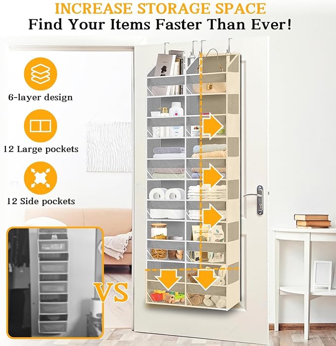 Over The Door Organizer 6 Tiers, Extra Large Behind Door Storage of 12 Compartments, 80 lbs Weight Capacity Hanging Storage Organizer with Clear Window Kids Toys,Shoes,Diapers,Room Storage,Light Grey - Image 2