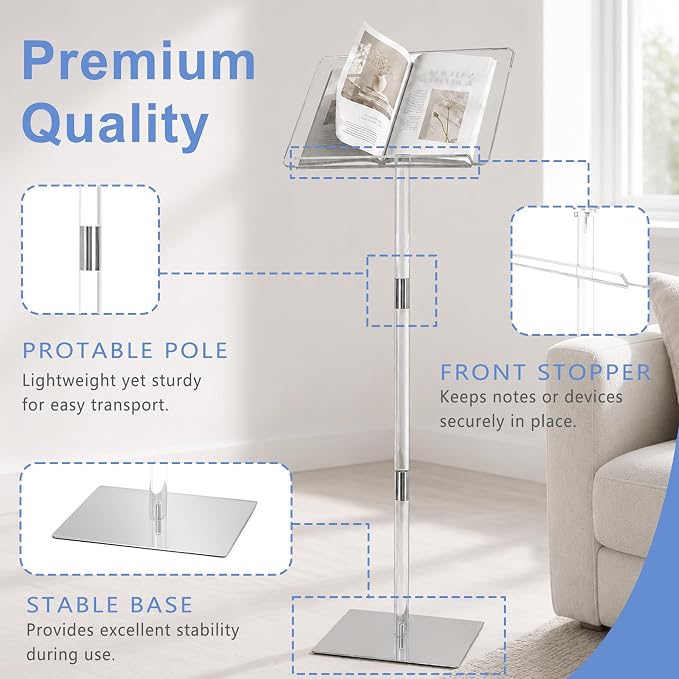 Podium Stand, Lecterns & Podiums, Acrylic Podium, Portable Podium Stand, Adjustable Angles with Metal Base, Podium for Classroom, Church, Weddings, Speech, 16" L x 12" W x 48" H, Clear - Image 4