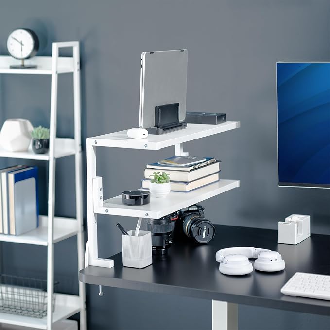 VIVO White Clamp-on 24 inch 2-Tier Desk Shelf, STAND-SHELF24C-W | Above or Below Desk, 2 Level Shelving Unit for Table Accessories, Gaming Devices, and More, Storage Tray, Desktop Organizer - Image 2