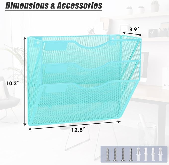 3 Pocket Mesh Hanging Wall File Organizer, Wall Mounted Mail Paper Document Folder Holder, Clipboard Storage Organization Magazine Rack with Nametag Label for Office Home School, Blue - Image 2