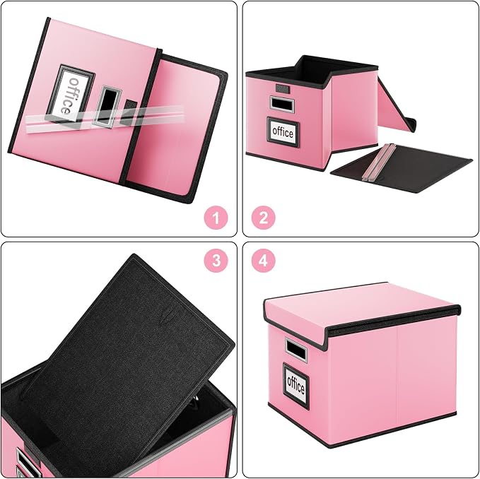 File Organizer Box with Lids, Collapsible File Folder Organizer | File Box with Plastic Slides for Document, Filing Bin for Letter Size Hanging File Folders (4 Pack, Pink, Leather) - Image 6