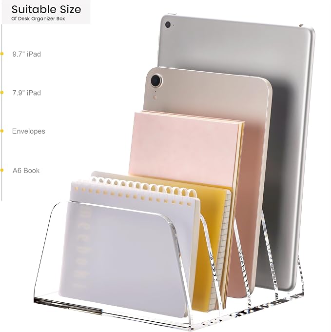 YUXUN Acrylic File Sorter,6.9"x6.6"x3.74",4 Sections Vertical Desk Organizer,Clear Mail Organizer File Holder Stand Rack Desk Accessories for Mail,Envelope,Letter,Notebook for Home/Office/Classroom - Image 4