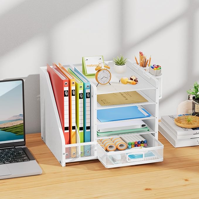 Marbrasse Desk Organizer with File Holder, 5-Tier Paper Letter Tray Organizer with Drawer and 2 Pen Holder, Mesh Desktop Organizer and Storage with Magazine Holder for Office Supplies (Wood-White) - Image 3