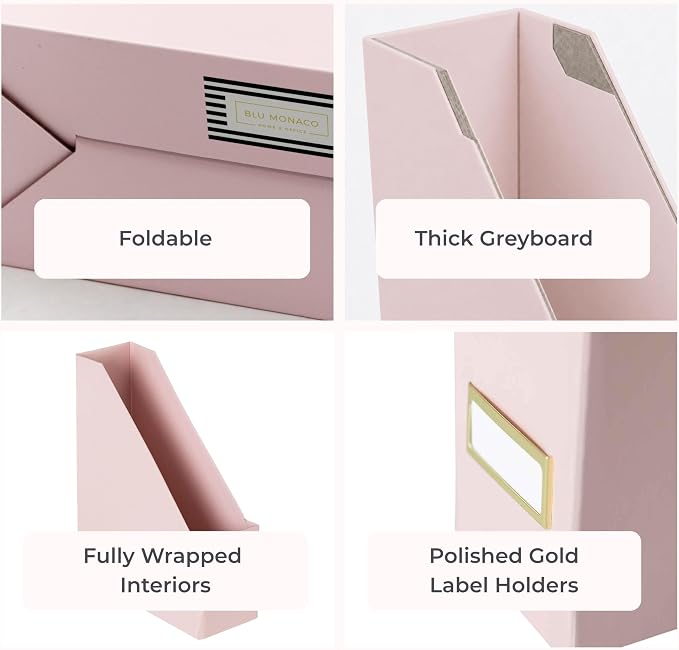 BLU MONACO | Cardboard Magazine File Holder Set of 6 Pink | Vertical Magazine File Holder with Gold Label Slots | Standing File Holder and Cardboard Bins for Shelves Desk Storage - Image 8