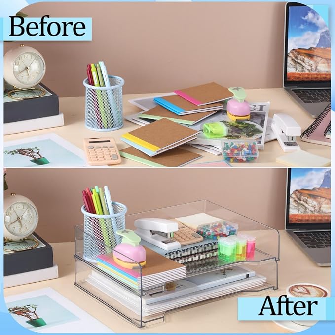 DoubleFill 2 Pcs Stackable Letter Tray Rectangular Plastic Desk Organizer 13 x 9.5 x 2.6 in Paper Holder File Tray Accessories Rack for Desktop Office Desk Drawers (Clear) - Image 5
