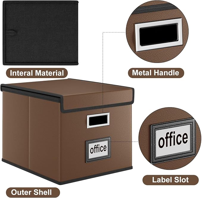 File Organizer Box with Lids, Collapsible File Folder Organizer | File Box with Plastic Slides for Document, Filing Bin for Letter Size Hanging File Folders (1 Pack, Dark Brown, Leather) - Image 3
