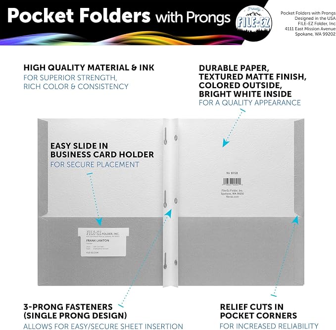 FILE-EZ Two-Pocket Folders with 3-Prong Fasteners, Gray Color, 25-Pack, Durable Textured Paper, Matte Finish, Letter Sheet Size (EZ-92530) - Image 2