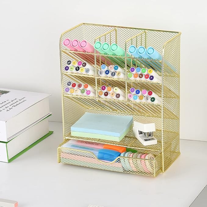 Spacrea Mesh Pen Organizer - Pencil Holder for Desk, Desk Organizer with Drawer for School, Home, Art Supplies (Gold) - Image 7