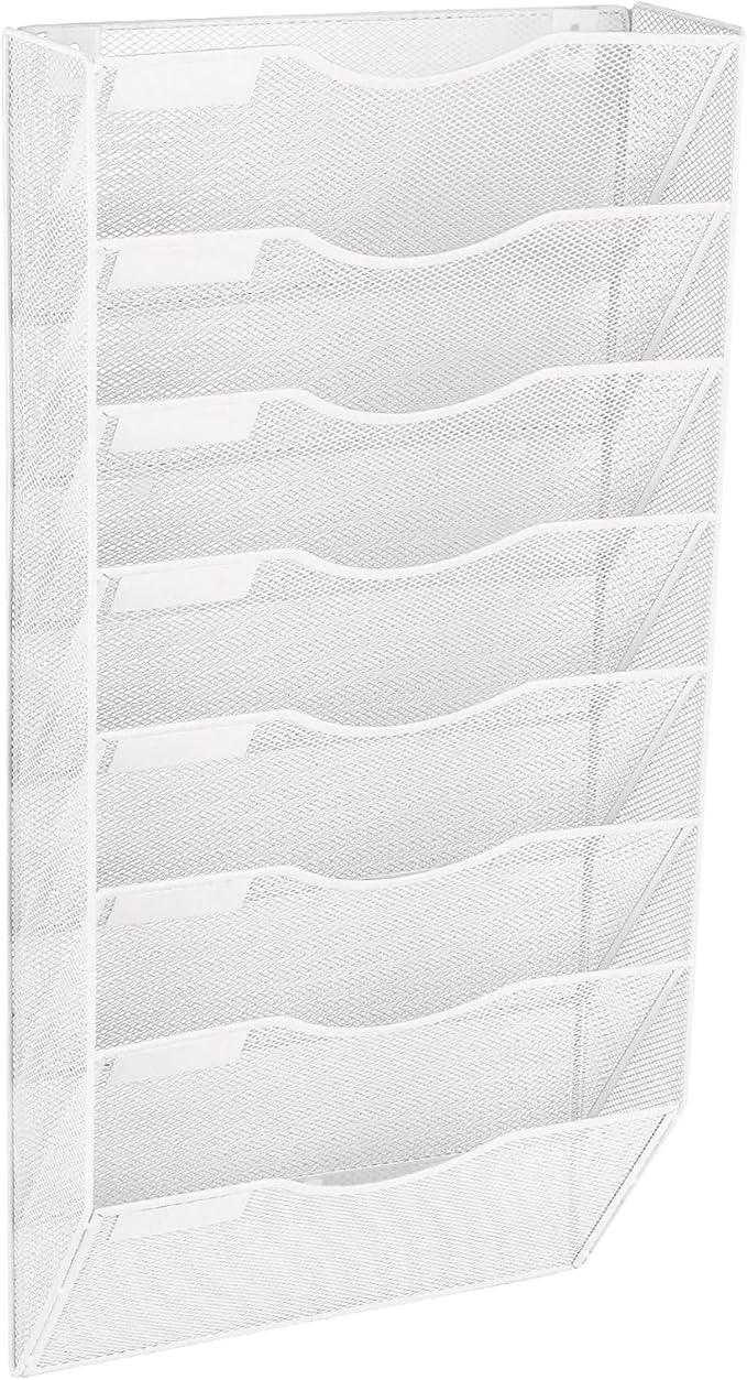 8 Pocket Mesh Hanging Wall File Organizer, Wall Mounted Mail Paper Document Folder Holder, Clipboard Storage Organization Magazine Rack with Nametag Label for Office Home School, White - Image 8