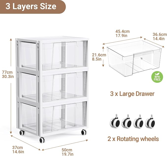 Stackable Storage Drawer Carts, Extra Large Bins 3 Tier 3 Drawers | Smooth Pull-Out Drawers, Clear Plastic Storage Organizer Container For Home Office Bedroom Bathroom Art Crafts Under Desk - Image 2