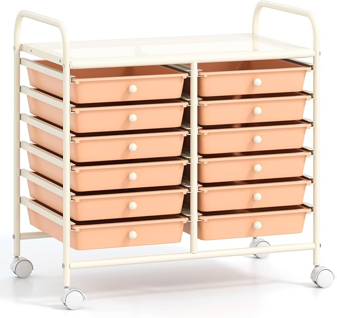 GOFLAME 12-Drawer Rolling Storage Cart, Multifunctional Art Craft Organizer Cart, Mobile Utility Storage Cart with Removable Drawers & Lockable Wheels, Craft Cart for Home Office School, Peach Fuzz by GOFLAME