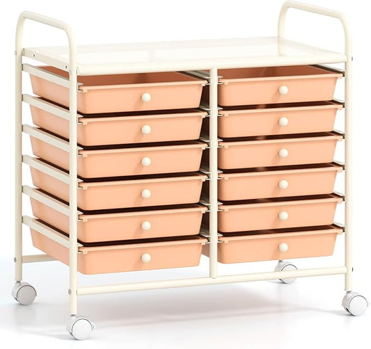 GOFLAME 12-Drawer Rolling Storage Cart, Multifunctional Art Craft Organizer Cart, Mobile Utility Storage Cart with Removable Drawers & Lockable Wheels, Craft Cart for Home Office School, Peach Fuzz by GOFLAME