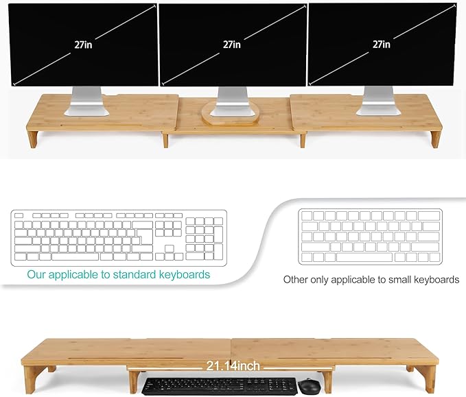 Nnewvante Monitor Stand Riser 60 inch Bamboo Dual Monitor Stand for Desk | Adjustable Length Angle, 3 Shelves Desktop Screen Riser, For Computer Laptop PC - Image 3