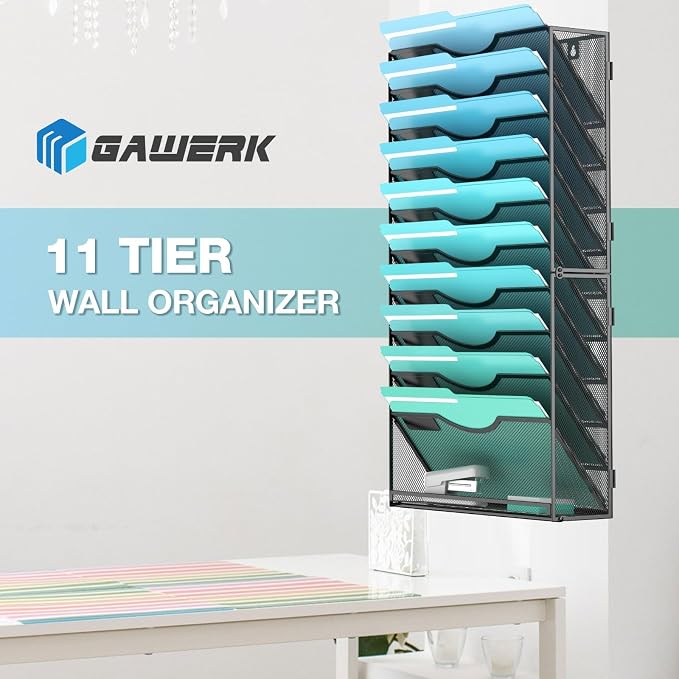 Gawerk 11-Tier Wall File Organizer Hanging Wall File Holder Wall Mount Paper Folder Organize, Mesh Magazine Document Mail Organizer Wall Organizer for Office School Home, Black - Image 5