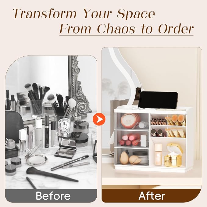 Small Makeup Organizer with Drawers, Stackable Bathroom Couneter Organizer with Phone Holder, Versatile Vanity Organizer Countertop, Cosmetic Organizer for Makeup Brush, Skin Care, Lotion -White,1Pack - Image 4