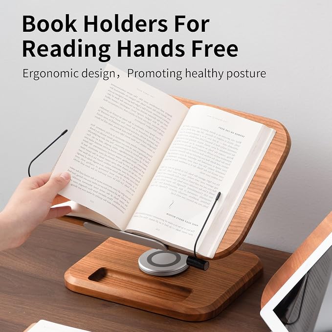 Book Stand for Reading, Mayhas Adjustable Book Holder with 360° Swivel Base&Page Clips, Foldable Desktop Stand for Cookbook, Fits All Books (Cherry Wood, Wood Base) - Image 3