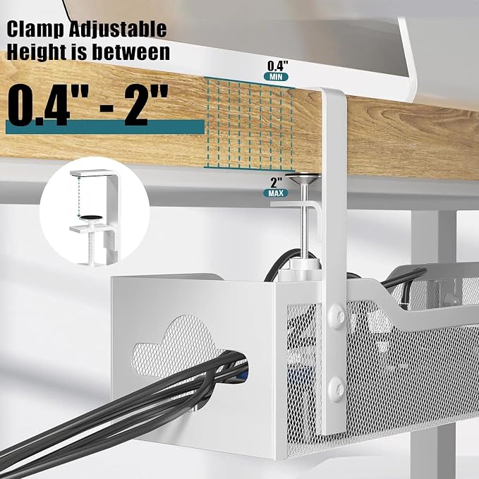 Under Desk Cable Management Tray 32'', Cable Management Under Desk No Drill, Cable Organizer with Clamp for Wire Management, Cord Organizer for Office, Home - No Damage to Table (White) - Image 3