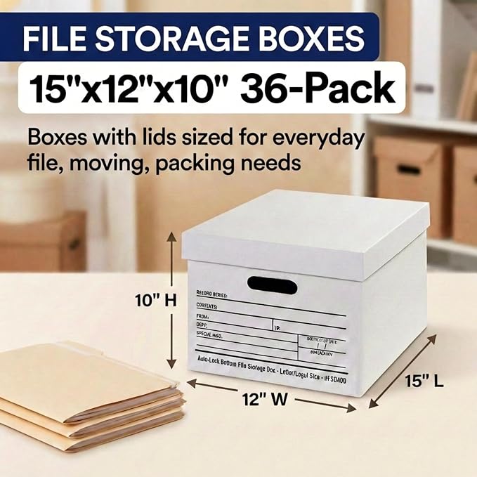 BOX USA File Boxes with Lids and Handles (36-Pack) - File Storage Boxes for Office Supplies, Book Storage, Moving, and Packaging, Fits Letter and Legal Paper, Removable Lid - Image 2