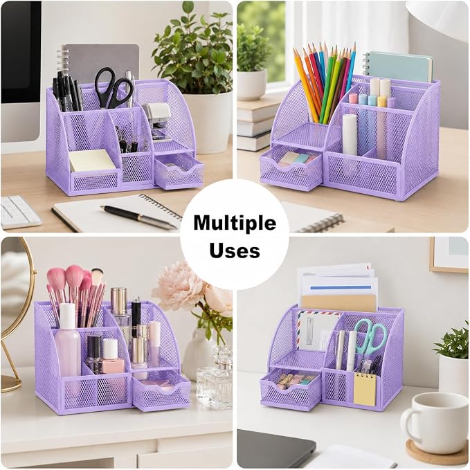 Exerz Metal Mesh Desk Organizer 7 Compartments with Drawer Light Purple | Compact Stationery Caddy with Multi Size Sections for Neat Study Work and Home Storage Needs - Image 4