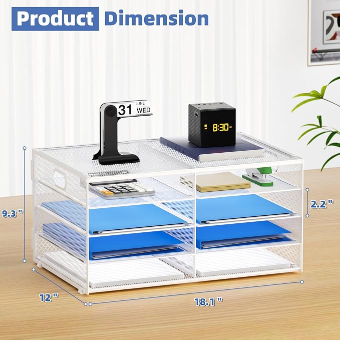 Lavatino 8 Compartments Paper Organizer for Desk, Mesh Literature Organizer, Mail File Sorter Tray with Handle, Desktop Mailbox for Office Classroom Home, White - Image 3