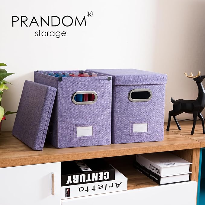 File Organizer Box - Set of 1 Collapsible Decorative Linen Filing Storage Hanging File Folders with Lids Office Cabinet Letter Size Purple (14x9.3x10.8 inch) - Image 2