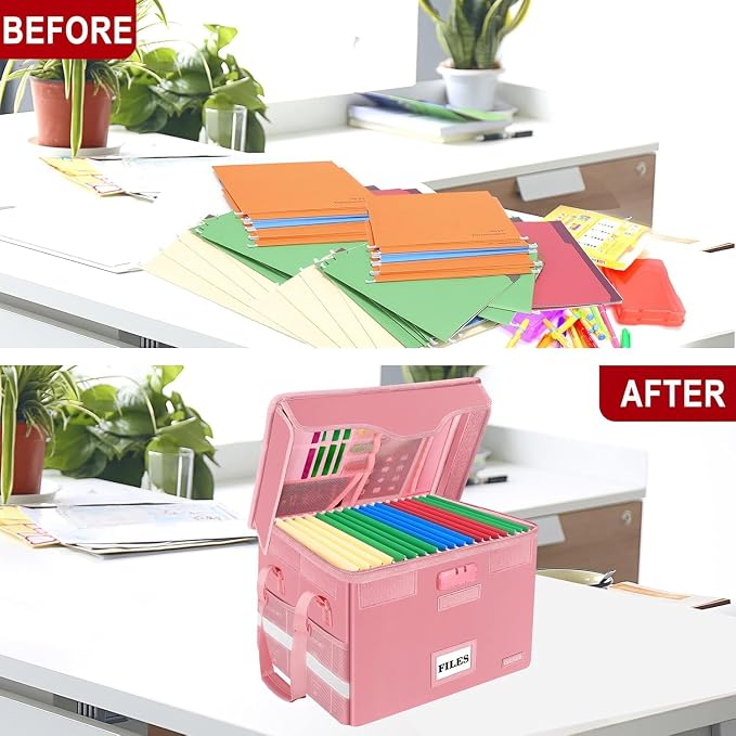 DocSafe Fireproof Document Box with Lock,File Storage Organizer with Zipper Pockets,Collapsible Portable File Box Home Office Safe Filing Cabinet with Handle for Hanging Letter/Legal Folder,Pink - Image 9