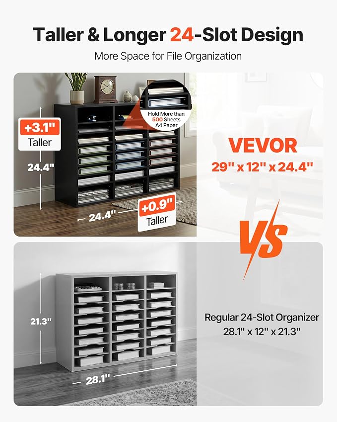 VEVOR Literature Organizers, 24 Compartments Office Mailbox with Adjustable Shelves, Wood Literature Sorter 29x12x24.4 inches for Office, Home, Classroom, Mailrooms Organization, EPA Certified Black - Image 2