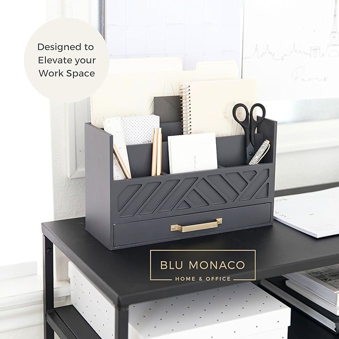 BLU MONACO | Wooden Mail Organizer with Drawer Gold Handle | Mail Sorter Organizer Countertop and Outgoing Mail Holder | Tabletop Organizer with Drawers Grey Desk Storage - Image 4